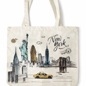New York Skyline Canvas Tote Bag - Cream with Yellow Accent